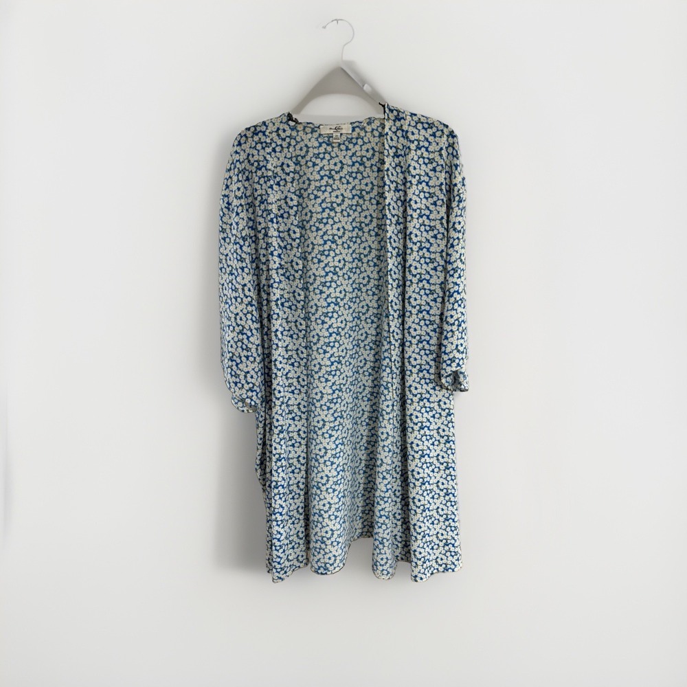 moa moa womens cardigan cover up floral blue white yellow loose plus 2X EUC W108